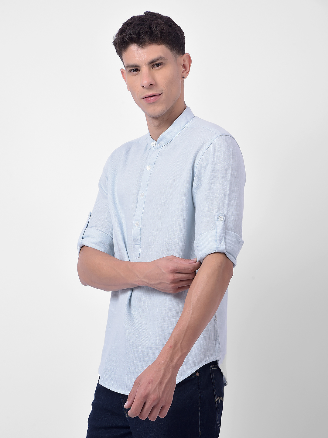 Numero Uno Men Blue Mandarin Collar Slim Fit Shirt